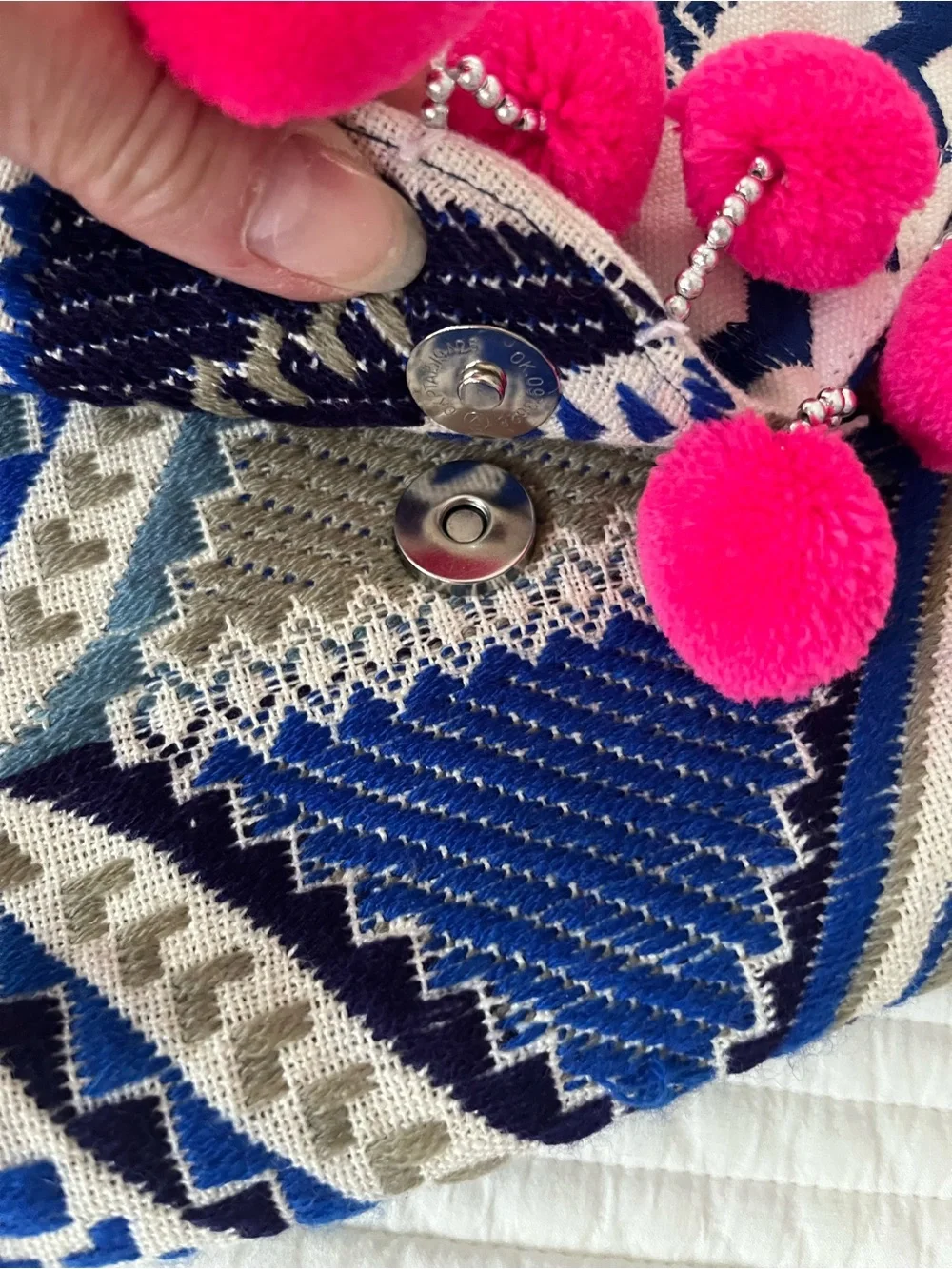 Embroidered Blue & Hot Pink Pom-Pom Women's Clutch